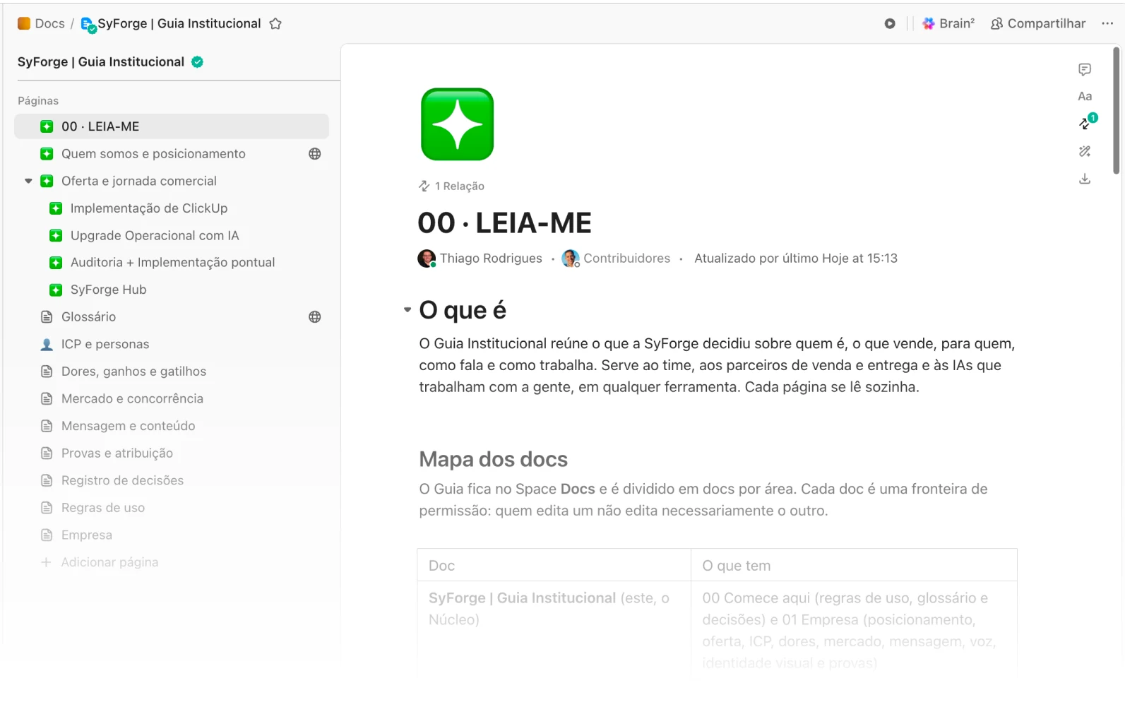 Tela do Guia Institucional no ClickUp, com a página 00 · LEIA-ME aberta e a lista de páginas ao lado
