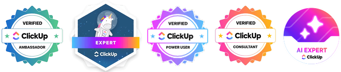 Selos ClickUp de Thiago Rodrigues: Verified Ambassador, Expert, Verified Power User, Verified Consultant e AI Expert