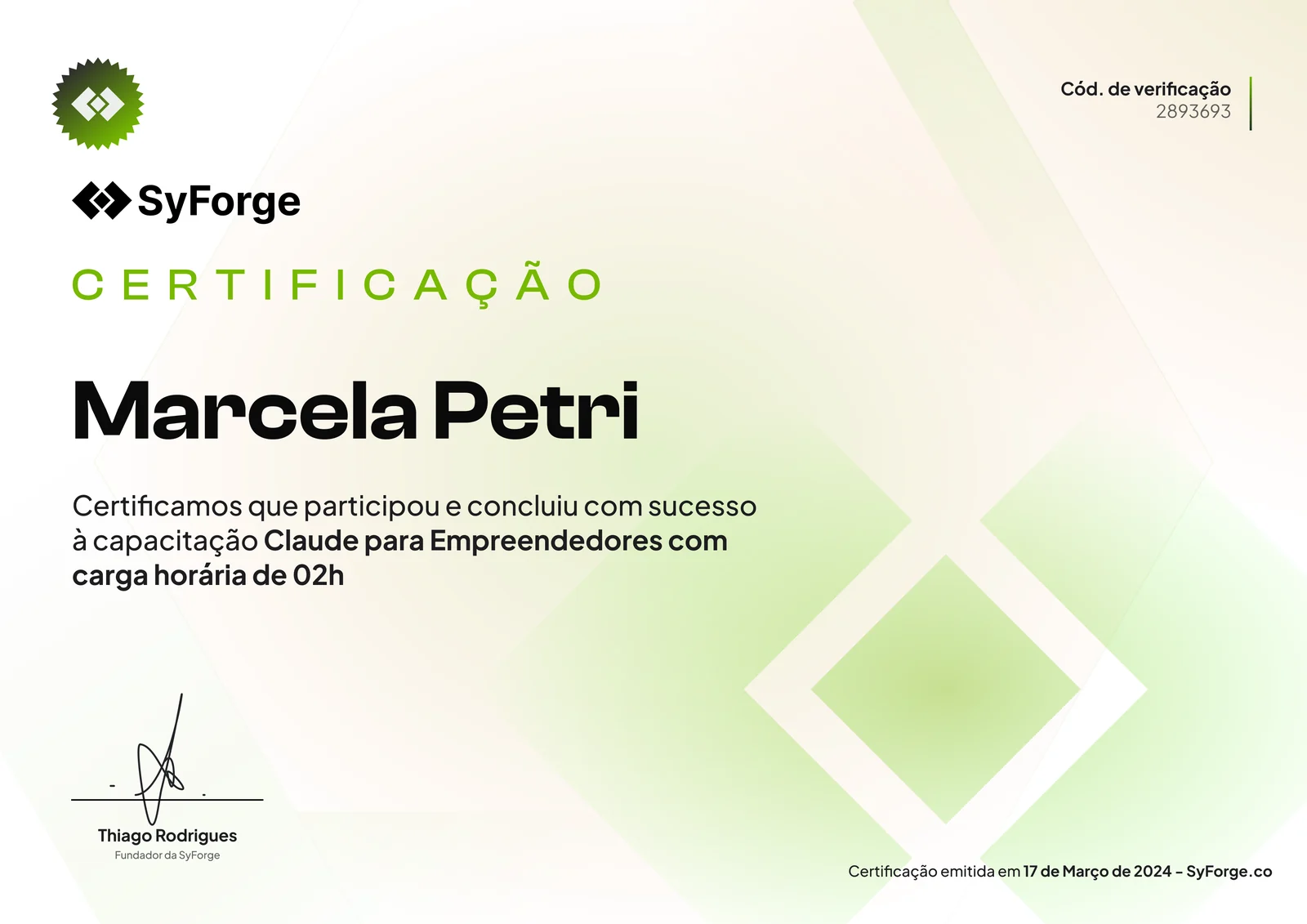 Exemplo de certificado emitido pela SyForge, com código de verificação e assinatura do fundador