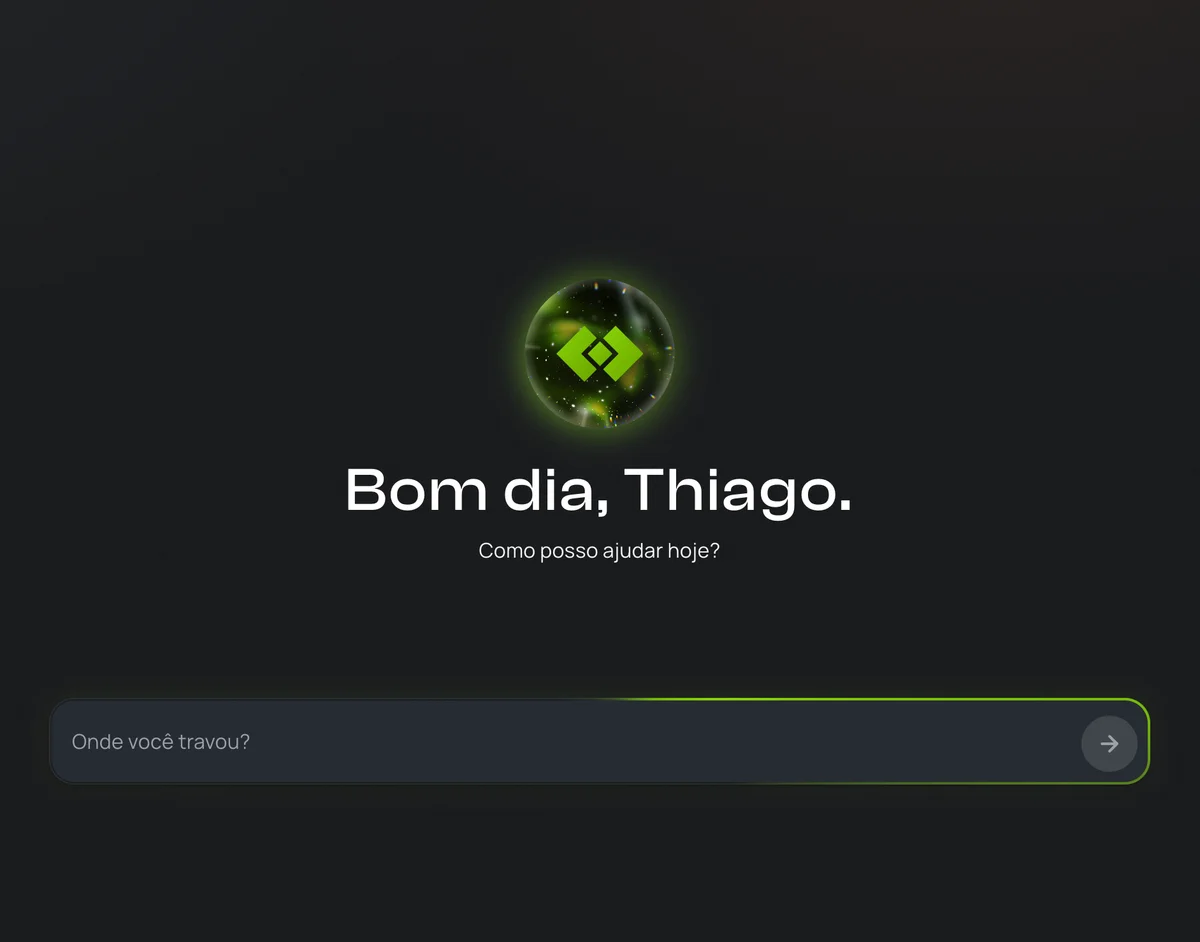 Tela da SyForge AI dentro do Hub: “Bom dia, Thiago. Como posso ajudar hoje?” e o campo “Onde você travou?”, com o histórico de conversas ao lado